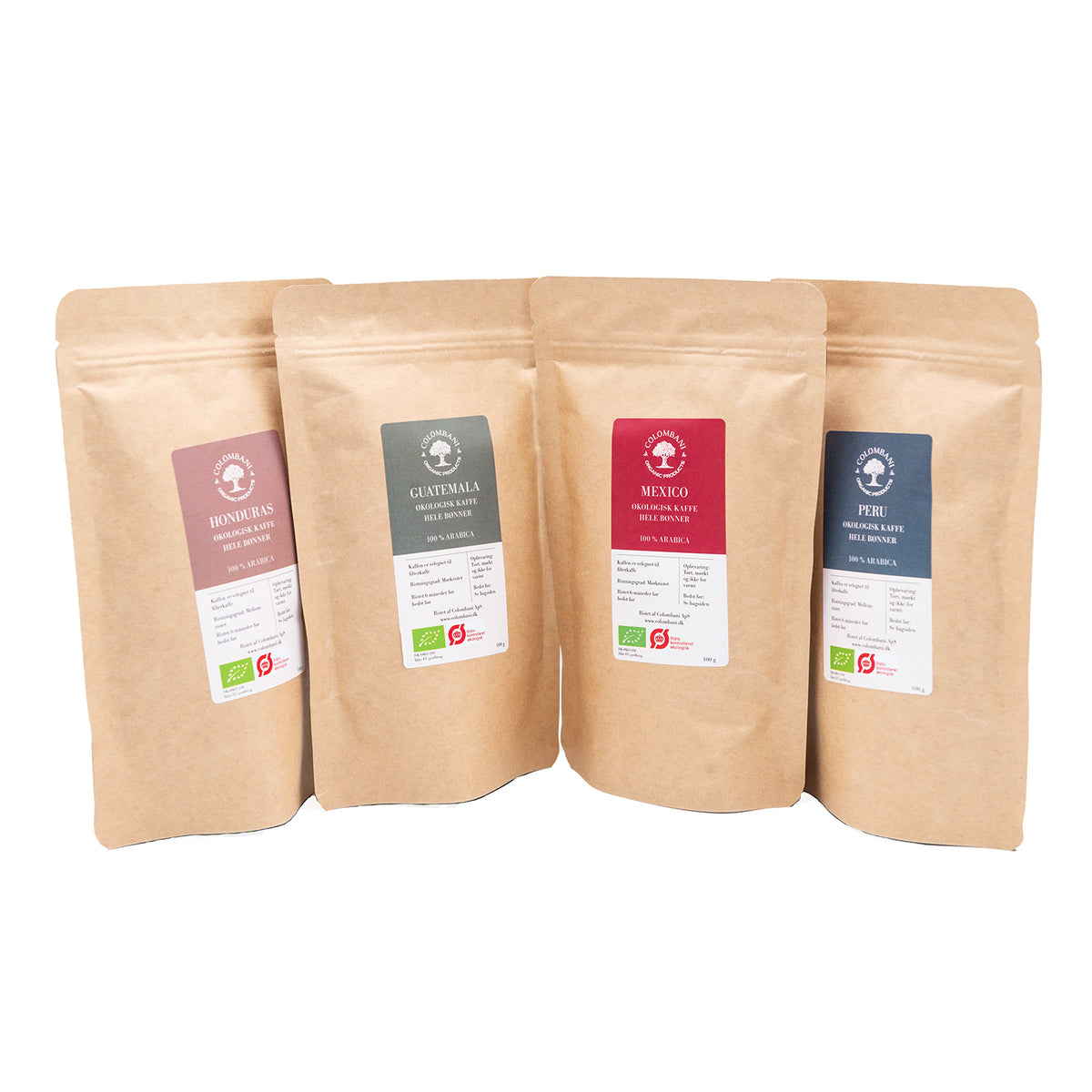 Smagspakke, mellem og mørk risteprofil, 4 x 100 gram, hele kaffebønner, økologisk