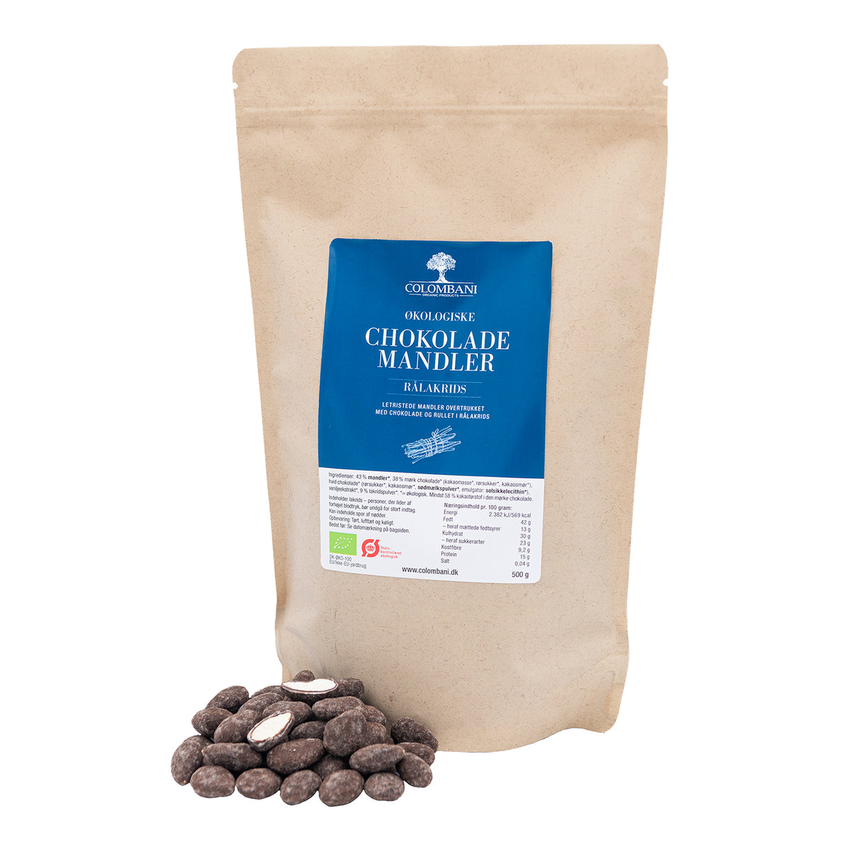 Mandler med chokolade og rålakrids, 500 gram, økologisk